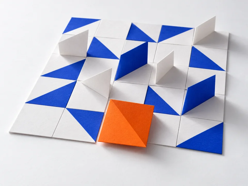 A grid of paper squares, a few raised, one orange square pulled forward.