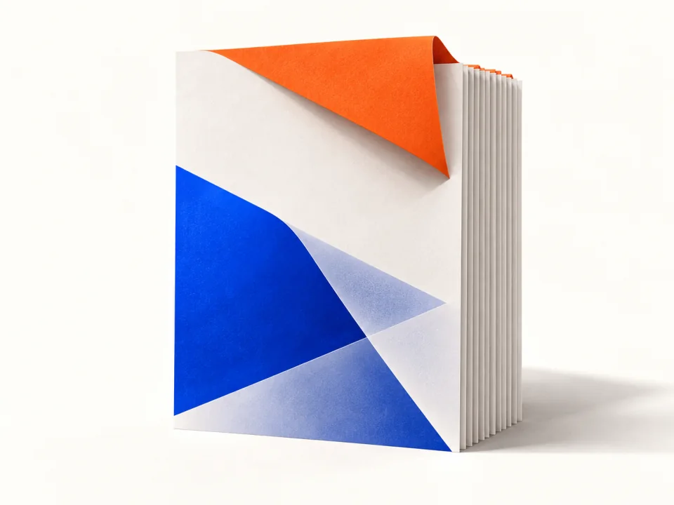 A stack of white sheets aligned behind a front sheet with an orange folded edge.