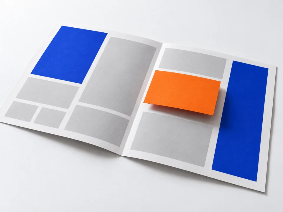 An open paper spread of separate blocks, one orange block lifted from the page.