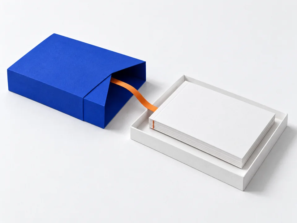 White pages in a shallow tray drawn from a cobalt paper sleeve, linked by an orange ribbon.